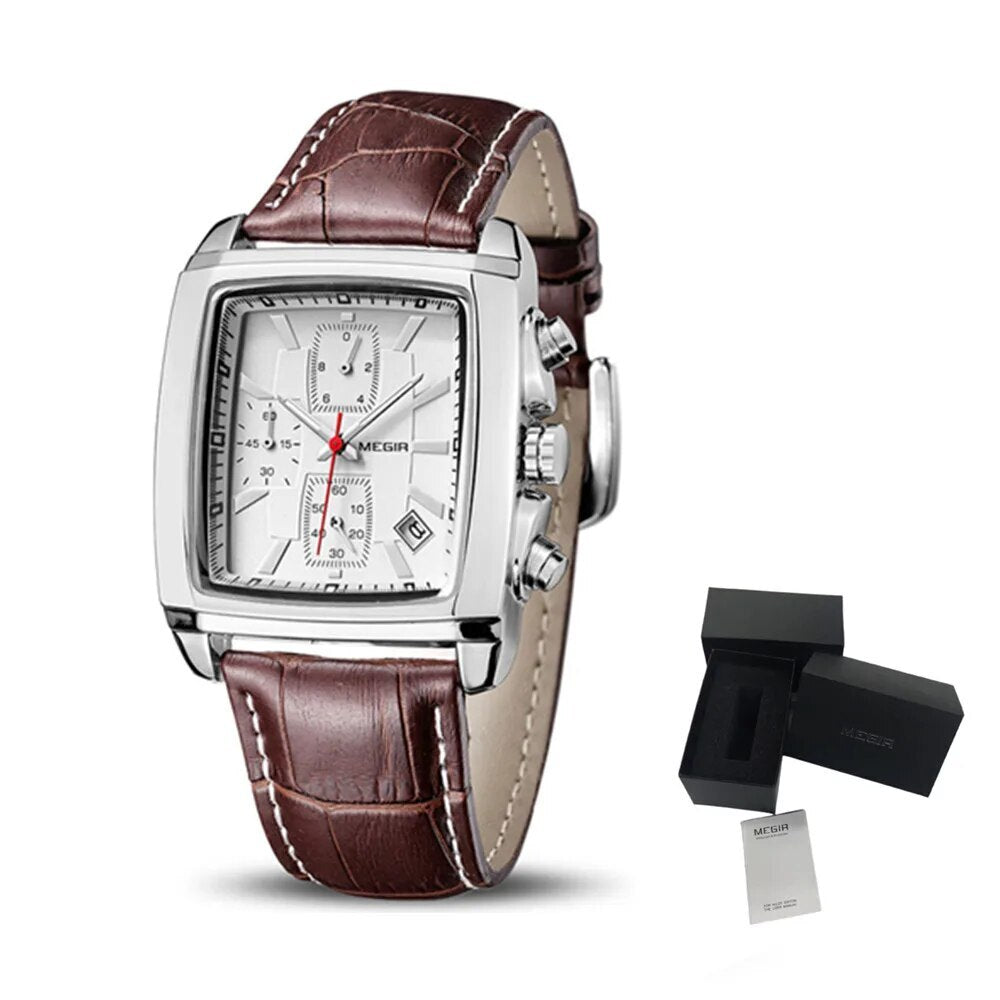 MEGIR Watch Men Business Wristwatch Rectangle Quartz Military Watches Waterproof Luminous Leather Strap Sport Casual Clock Reloj Hombre 2028-19