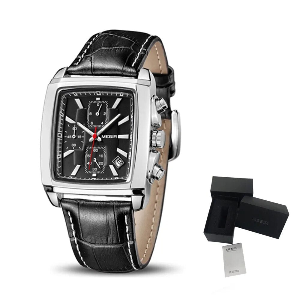 MEGIR Watch Men Business Wristwatch Rectangle Quartz Military Watches Waterproof Luminous Leather Strap Sport Casual Clock Reloj Hombre 2028-21