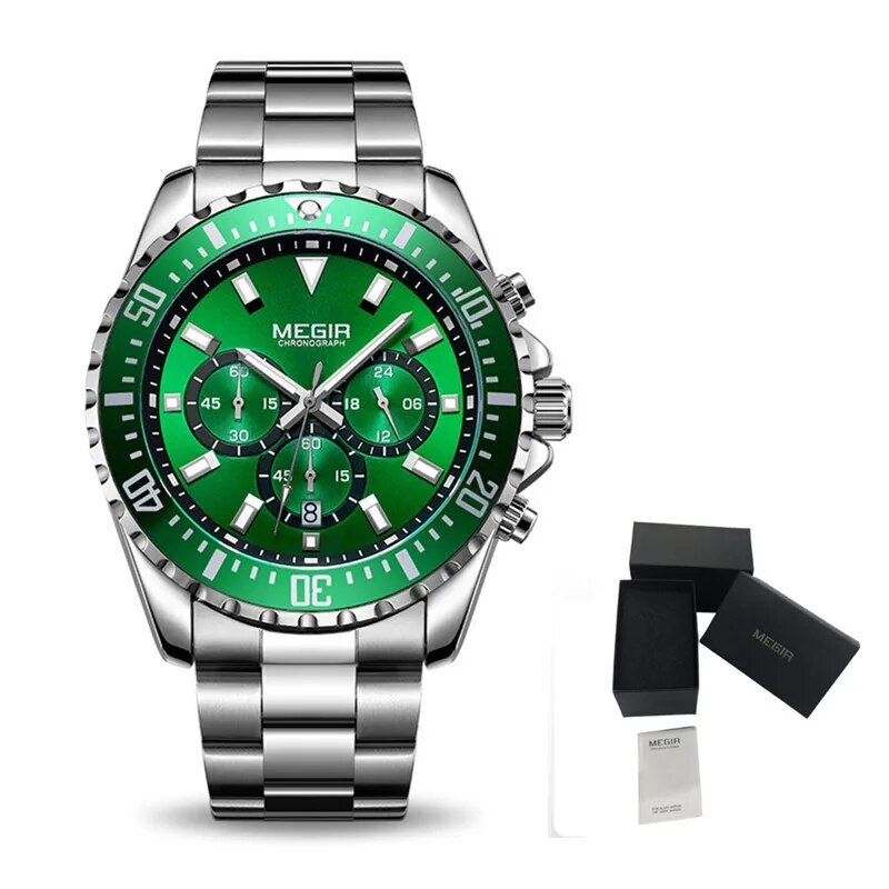 MEGIR Original Luxury Men Business Quartz Watch Stainless Steel Bracelet Chronograph Male Military Wristwatch Clock Relogio Masculino 2064-21