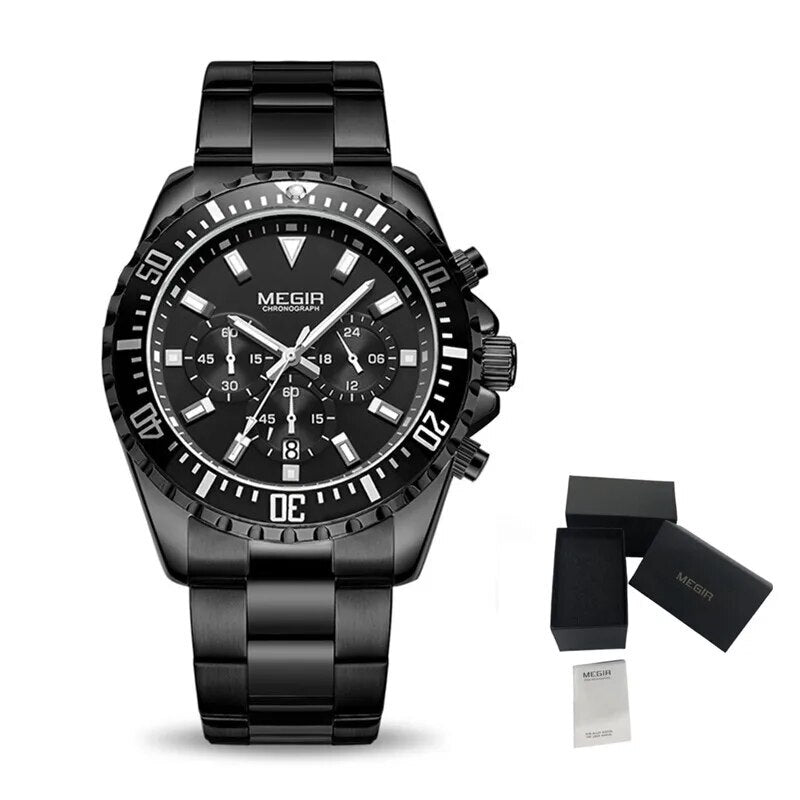 MEGIR Original Luxury Men Business Quartz Watch Stainless Steel Bracelet Chronograph Male Military Wristwatch Clock Relogio Masculino 2064-22