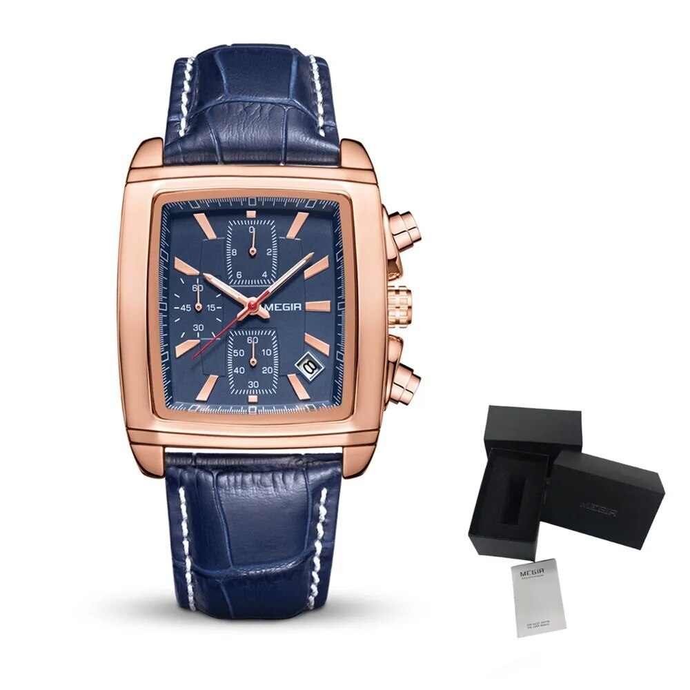 MEGIR Watch Men Business Wristwatch Rectangle Quartz Military Watches Waterproof Luminous Leather Strap Sport Casual Clock Reloj Hombre 2028-18