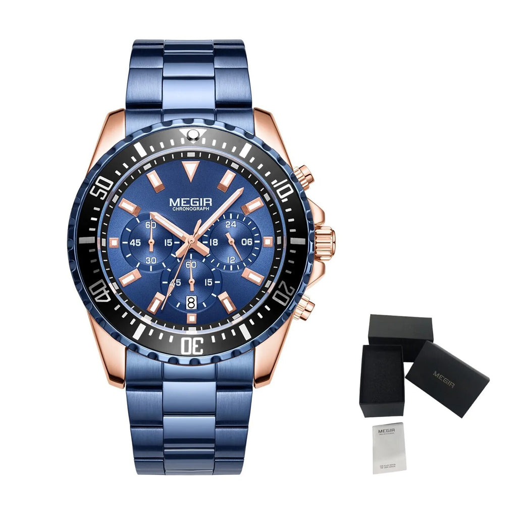 MEGIR Original Luxury Men Business Quartz Watch Stainless Steel Bracelet Chronograph Male Military Wristwatch Clock Relogio Masculino 2064-18