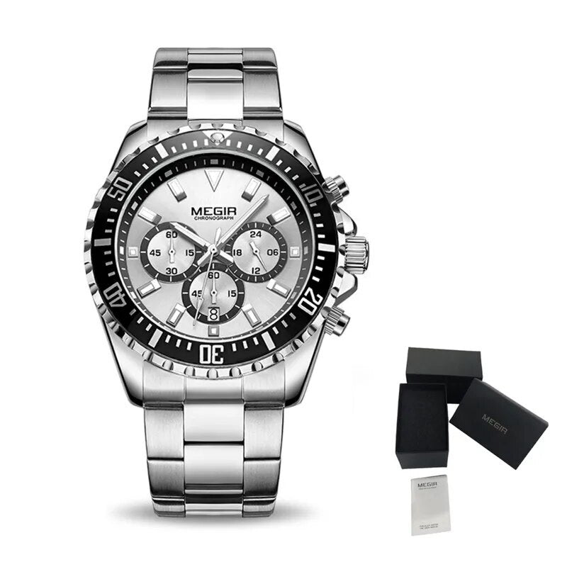 MEGIR Original Luxury Men Business Quartz Watch Stainless Steel Bracelet Chronograph Male Military Wristwatch Clock Relogio Masculino 2064-19