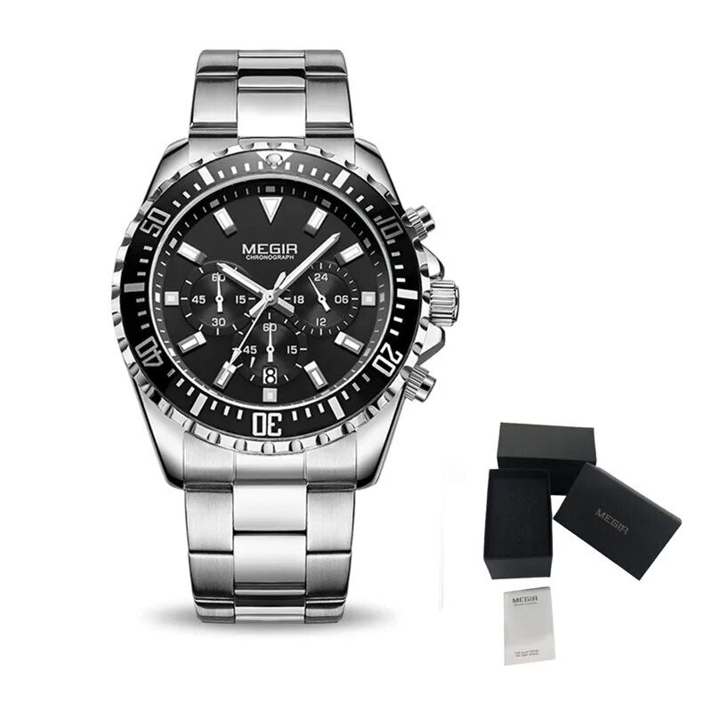 MEGIR Original Luxury Men Business Quartz Watch Stainless Steel Bracelet Chronograph Male Military Wristwatch Clock Relogio Masculino 2064-20