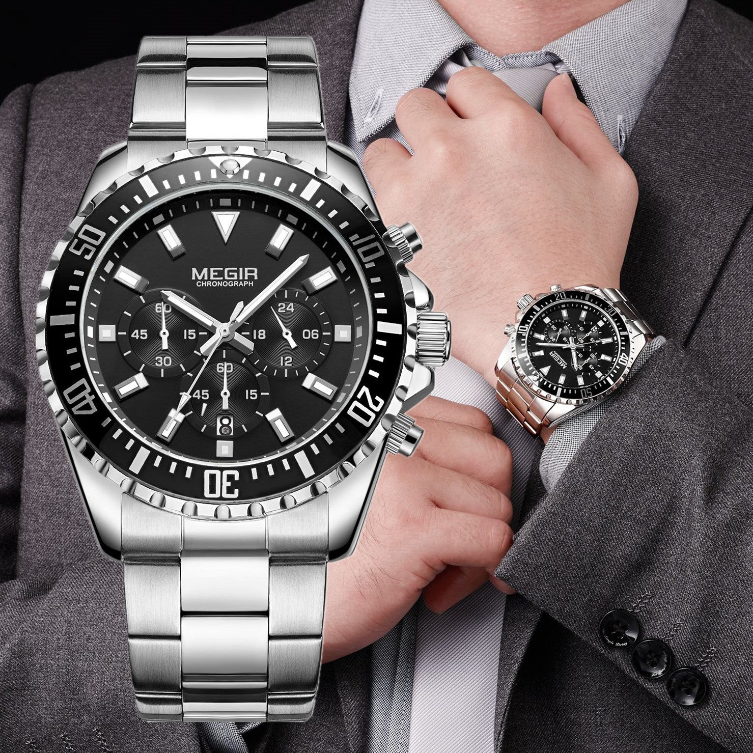 MEGIR Original Luxury Men Business Quartz Watch Stainless Steel Bracelet Chronograph Male Military Wristwatch Clock Relogio Masculino 2064-0