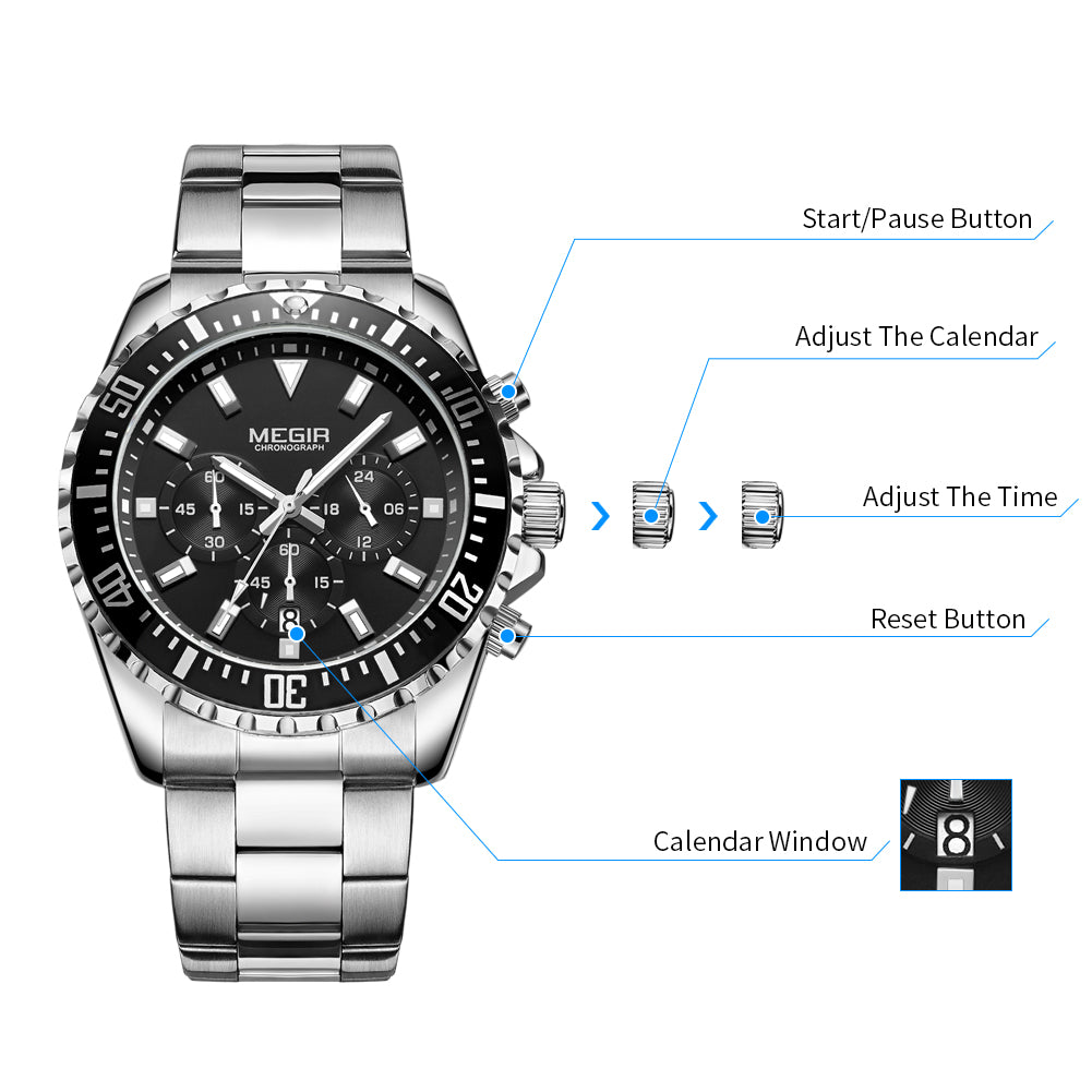 MEGIR Original Luxury Men Business Quartz Watch Stainless Steel Bracelet Chronograph Male Military Wristwatch Clock Relogio Masculino 2064-9