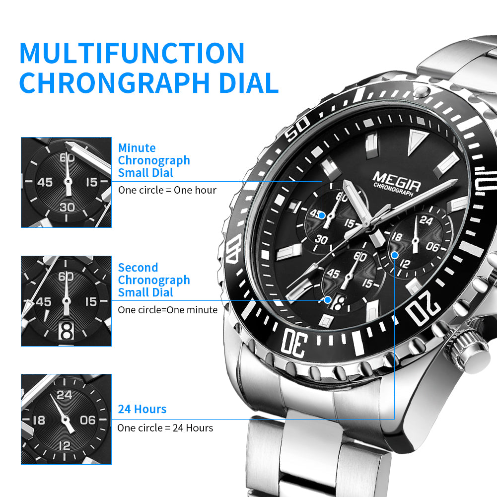 MEGIR Original Luxury Men Business Quartz Watch Stainless Steel Bracelet Chronograph Male Military Wristwatch Clock Relogio Masculino 2064-8