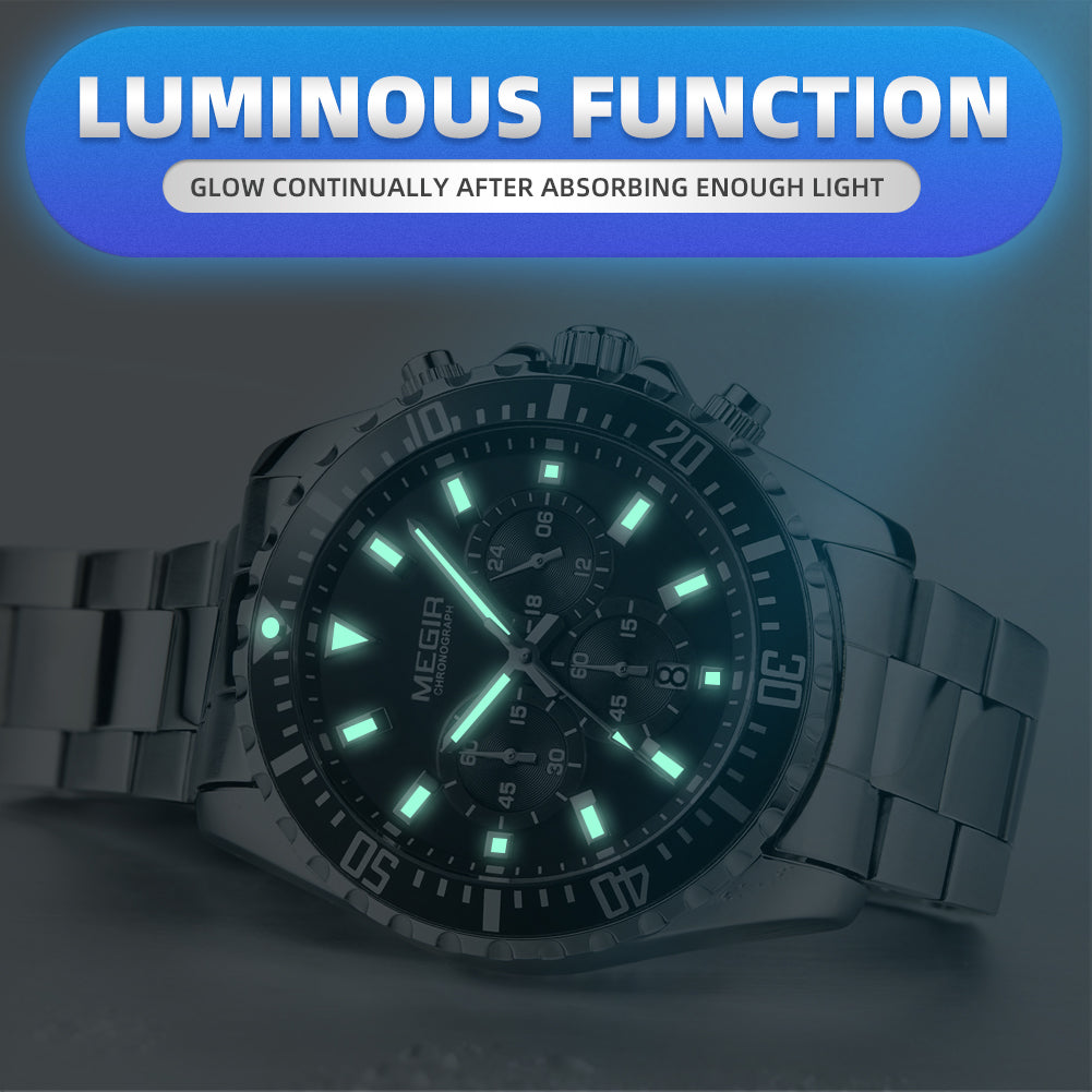 MEGIR Original Luxury Men Business Quartz Watch Stainless Steel Bracelet Chronograph Male Military Wristwatch Clock Relogio Masculino 2064-6