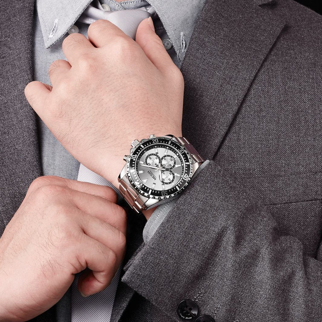 MEGIR Original Luxury Men Business Quartz Watch Stainless Steel Bracelet Chronograph Male Military Wristwatch Clock Relogio Masculino 2064-1