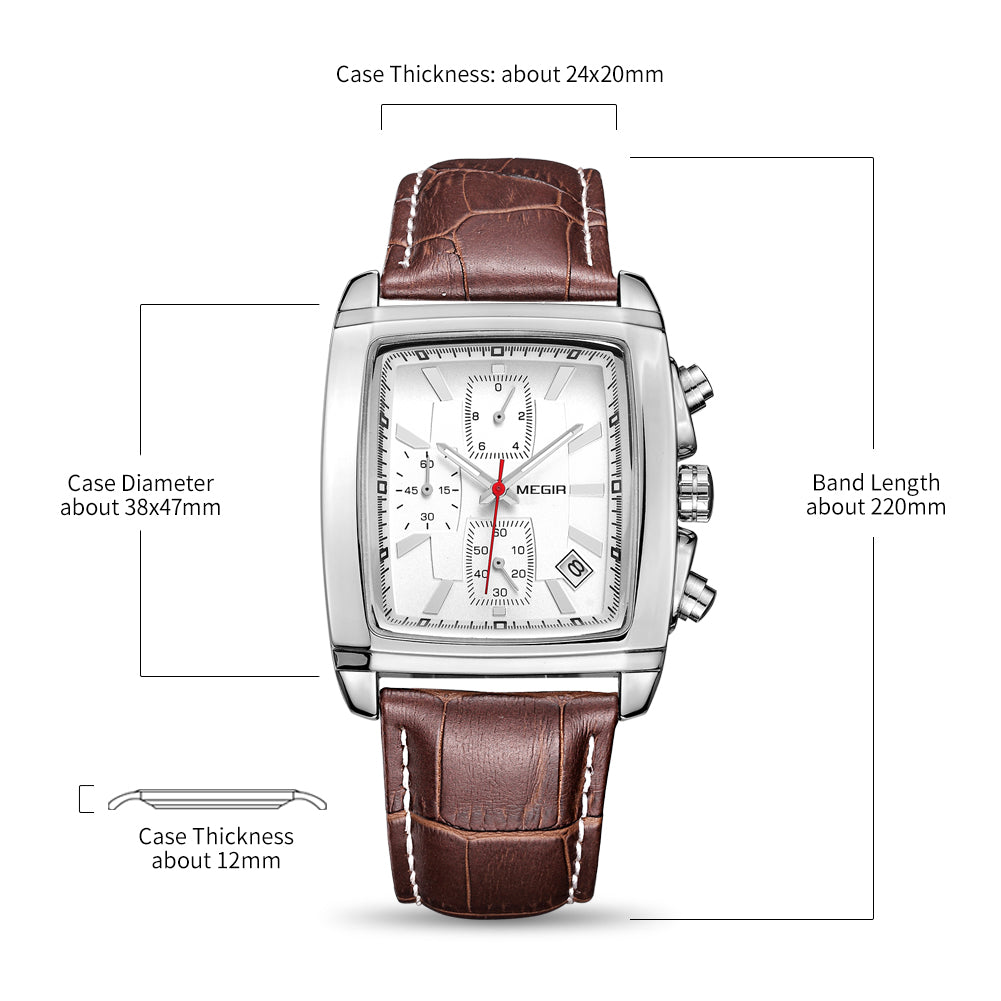 MEGIR Watch Men Business Wristwatch Rectangle Quartz Military Watches Waterproof Luminous Leather Strap Sport Casual Clock Reloj Hombre 2028-10