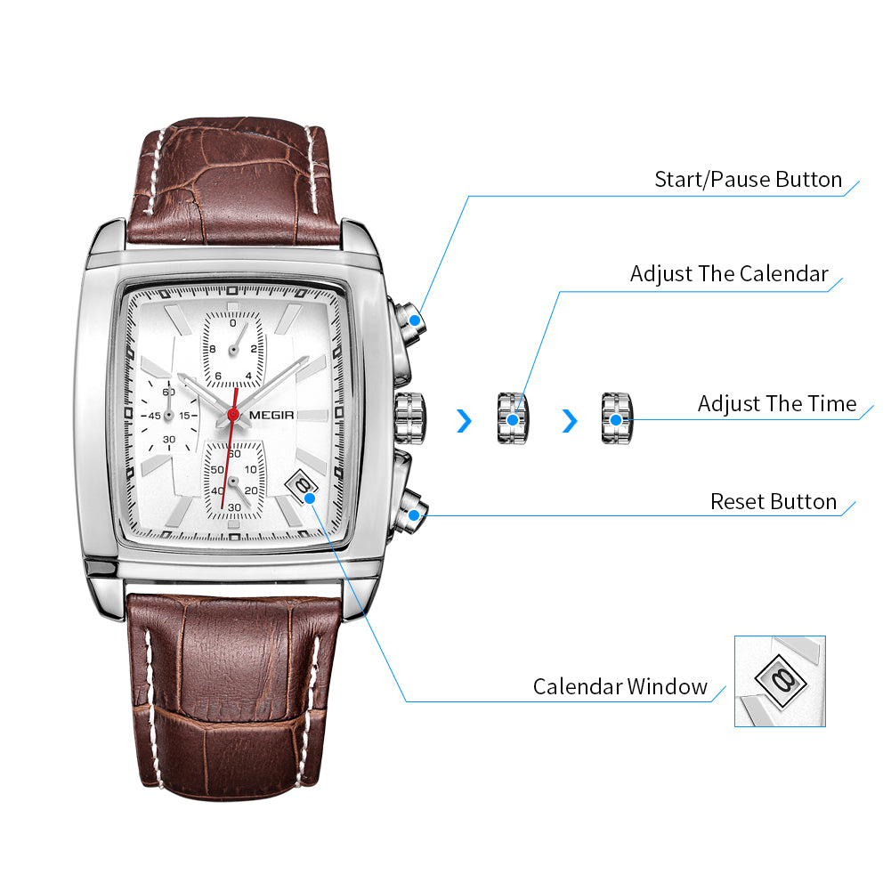 MEGIR Watch Men Business Wristwatch Rectangle Quartz Military Watches Waterproof Luminous Leather Strap Sport Casual Clock Reloj Hombre 2028-9
