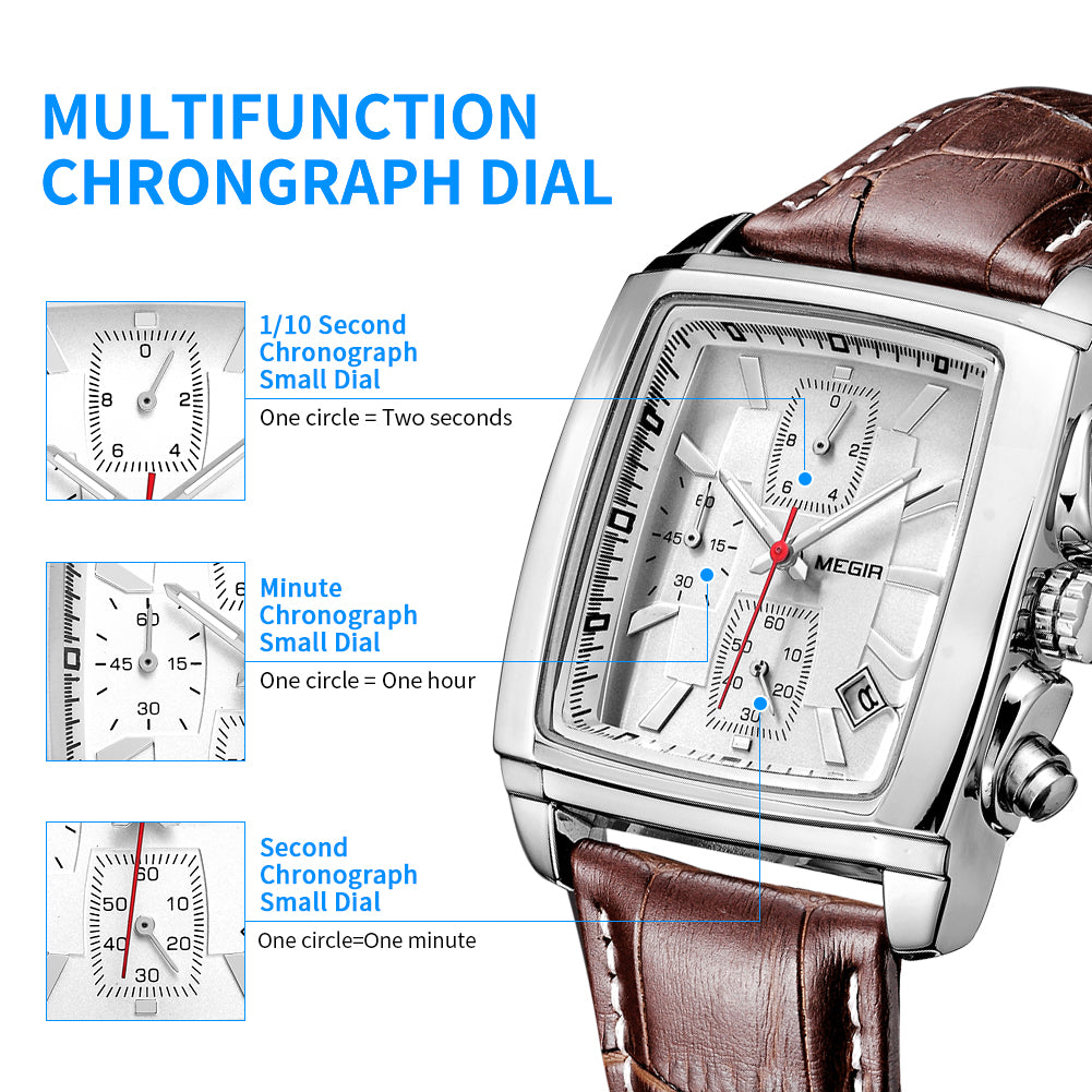 MEGIR Watch Men Business Wristwatch Rectangle Quartz Military Watches Waterproof Luminous Leather Strap Sport Casual Clock Reloj Hombre 2028-8