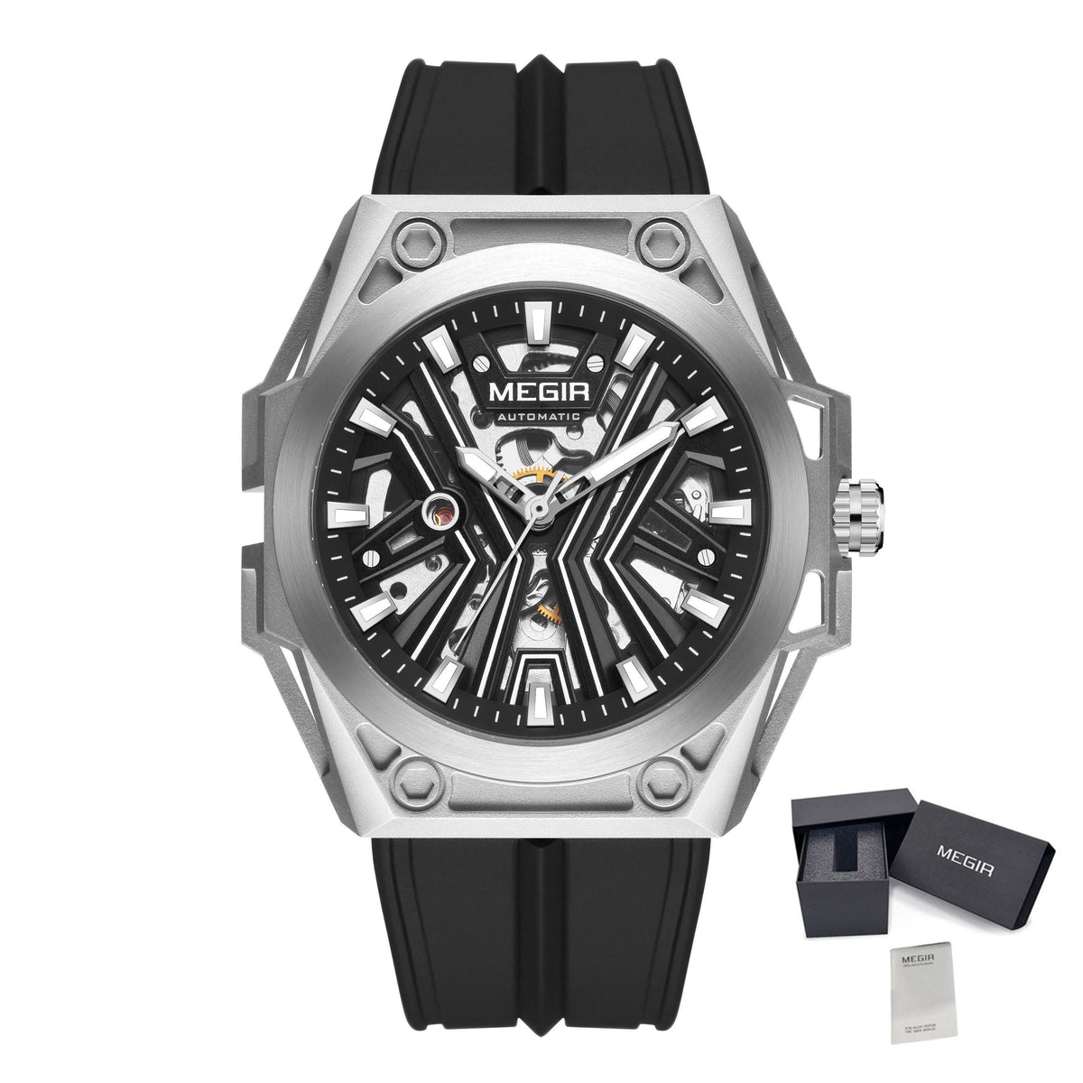MEGIR Fashion Fully Automatic Mechanical Men's Watch Stainless Steel Case Sports Military Wristwatch Waterproof Watches Clock 8603-21