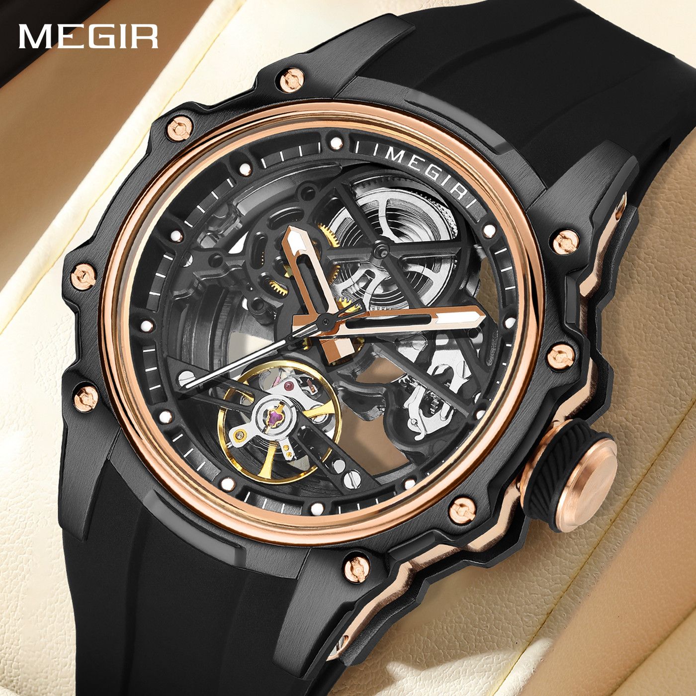 MEGIR Fashion Men's Full Automatic Watches Hollow Out Luminous Sports Mechanical Watch Waterproof Wristwatches Reloj Hombre 2243-0