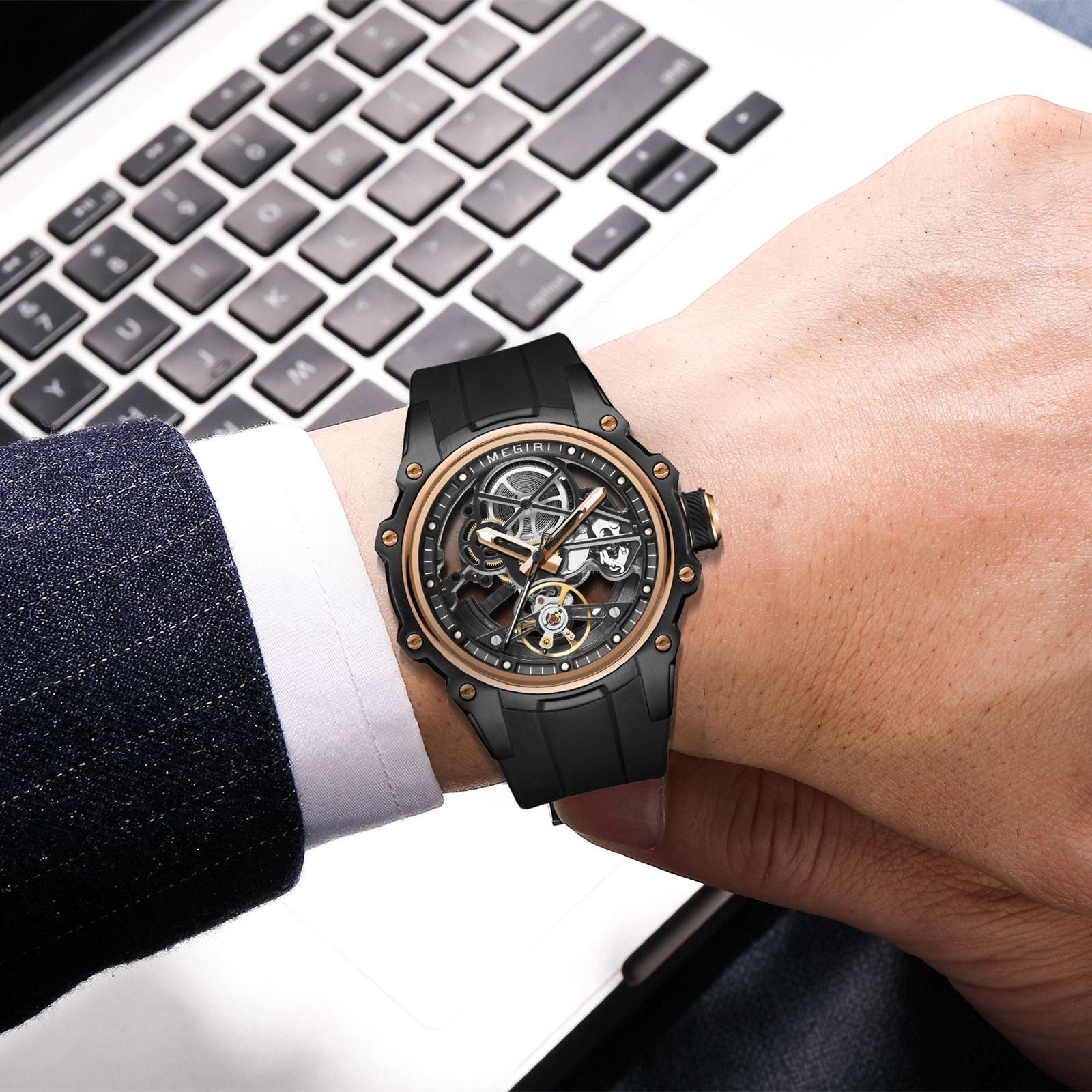 MEGIR Fashion Men's Full Automatic Watches Hollow Out Luminous Sports Mechanical Watch Waterproof Wristwatches Reloj Hombre 2243-4