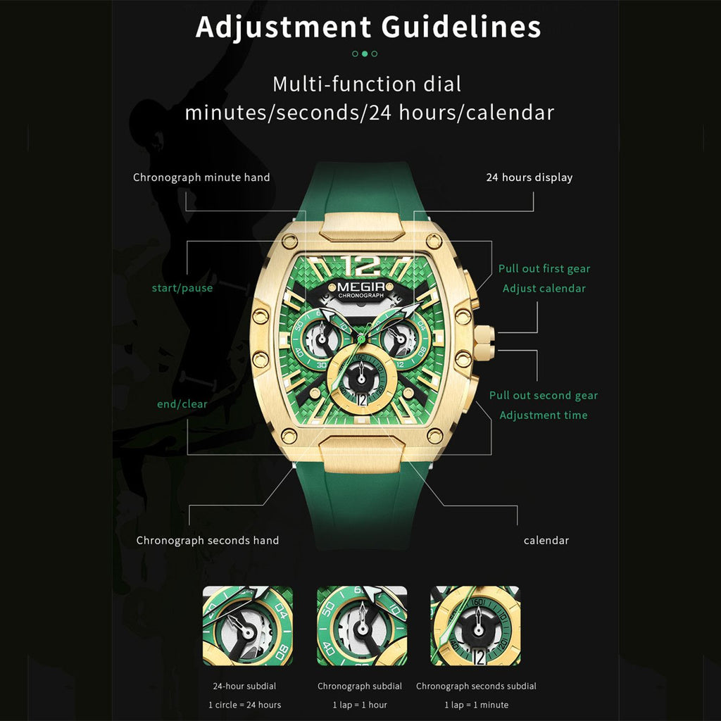 MEGIR Chronograph Luxury Sport Quartz Watch Men Waterproof Luminous Silicone Casual Big Dial Wristwatch Auto Date Reloj Hombre 8112