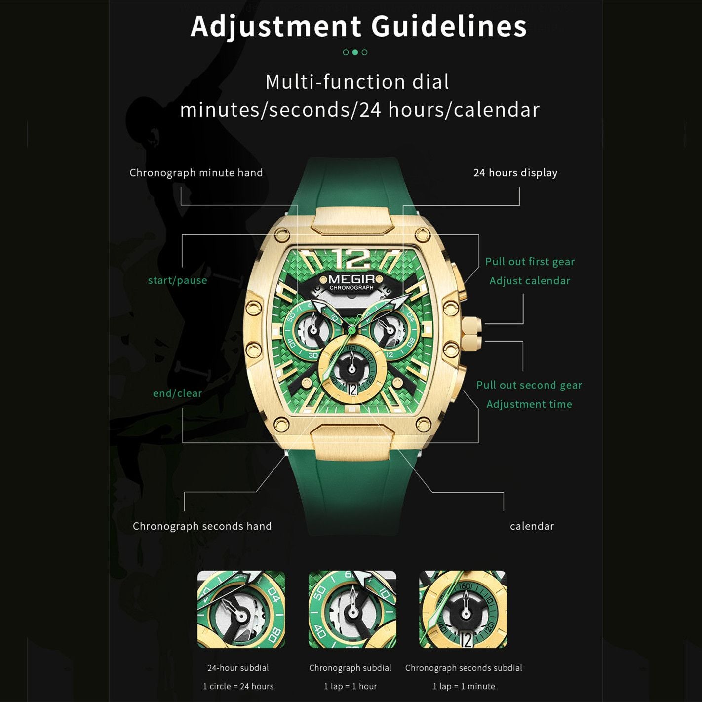MEGIR Chronograph Luxury Sport Quartz Watch Men Waterproof Luminous Silicone Casual Big Dial Wristwatch Auto Date Reloj Hombre 8112