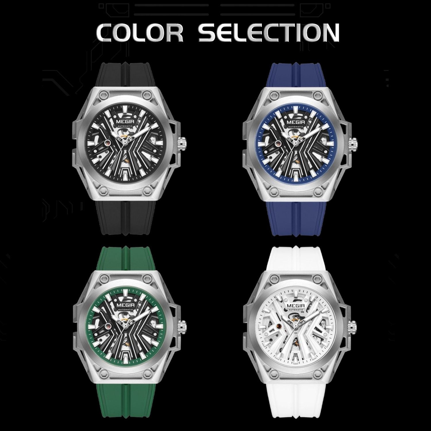 MEGIR Fashion Fully Automatic Mechanical Men's Watch Stainless Steel Case Sports Military Wristwatch Waterproof Watches Clock 8603-7