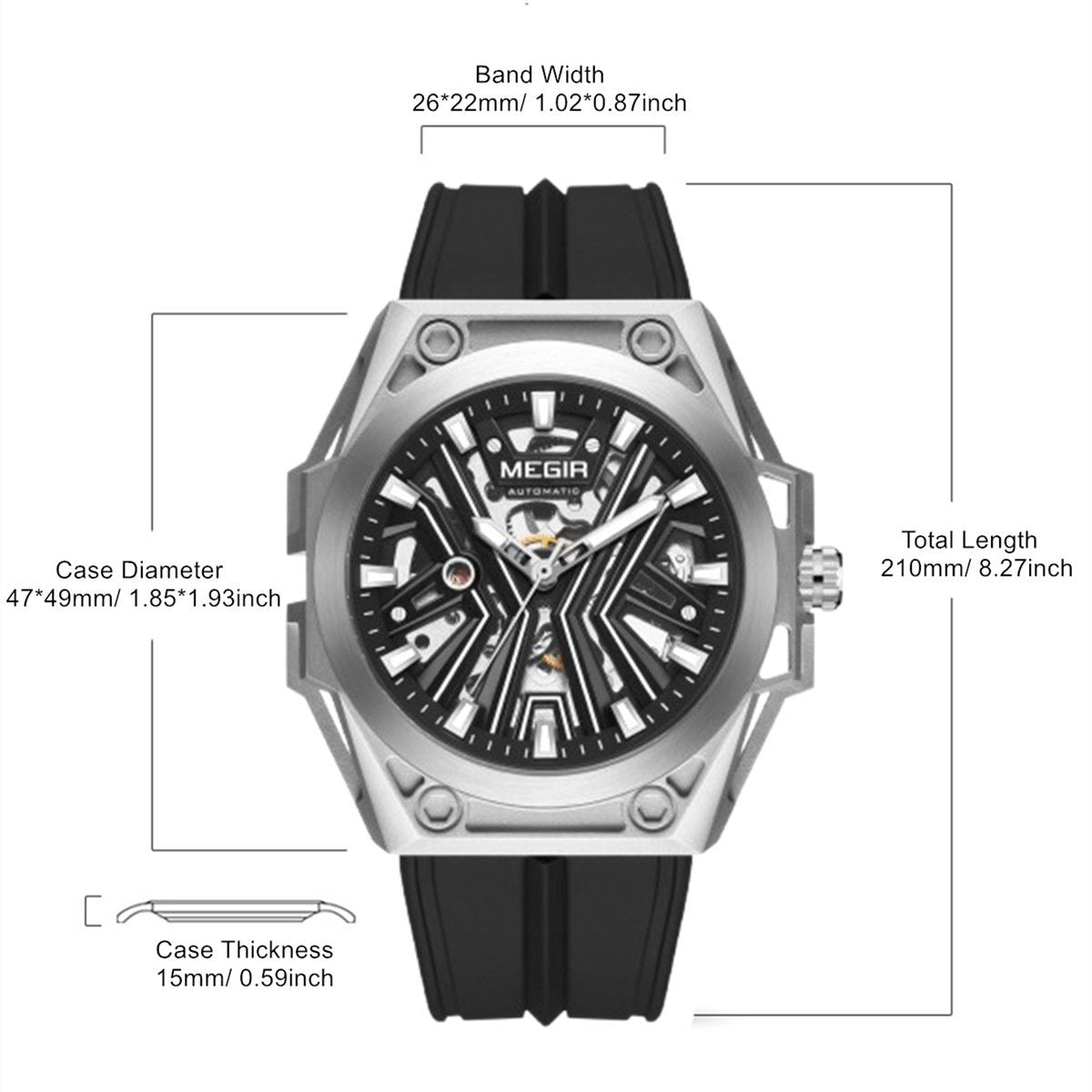 MEGIR Fashion Fully Automatic Mechanical Men's Watch Stainless Steel Case Sports Military Wristwatch Waterproof Watches Clock 8603-10