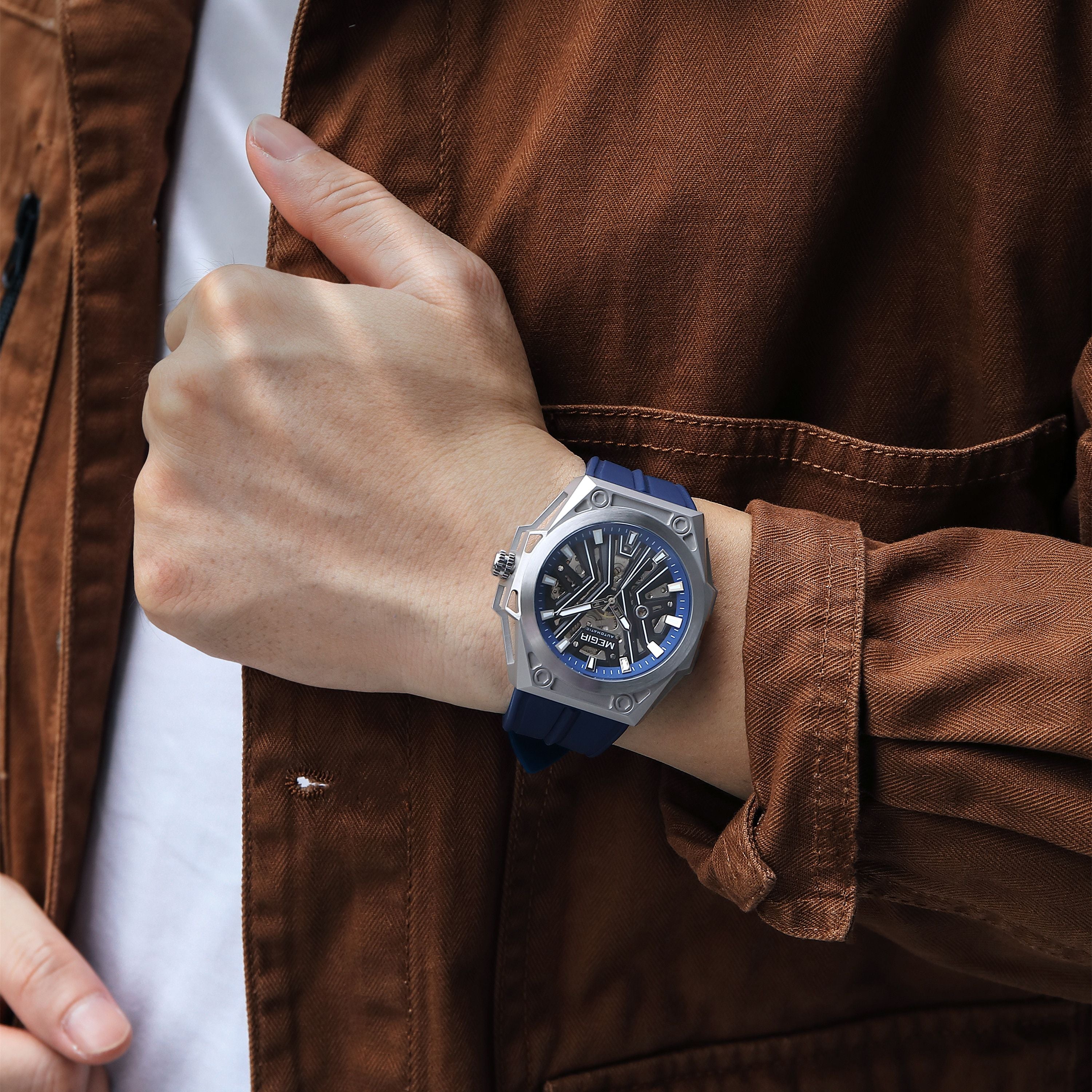 MEGIR Fashion Fully Automatic Mechanical Men's Watch Stainless Steel Case Sports Military Wristwatch Waterproof Watches Clock 8603-3