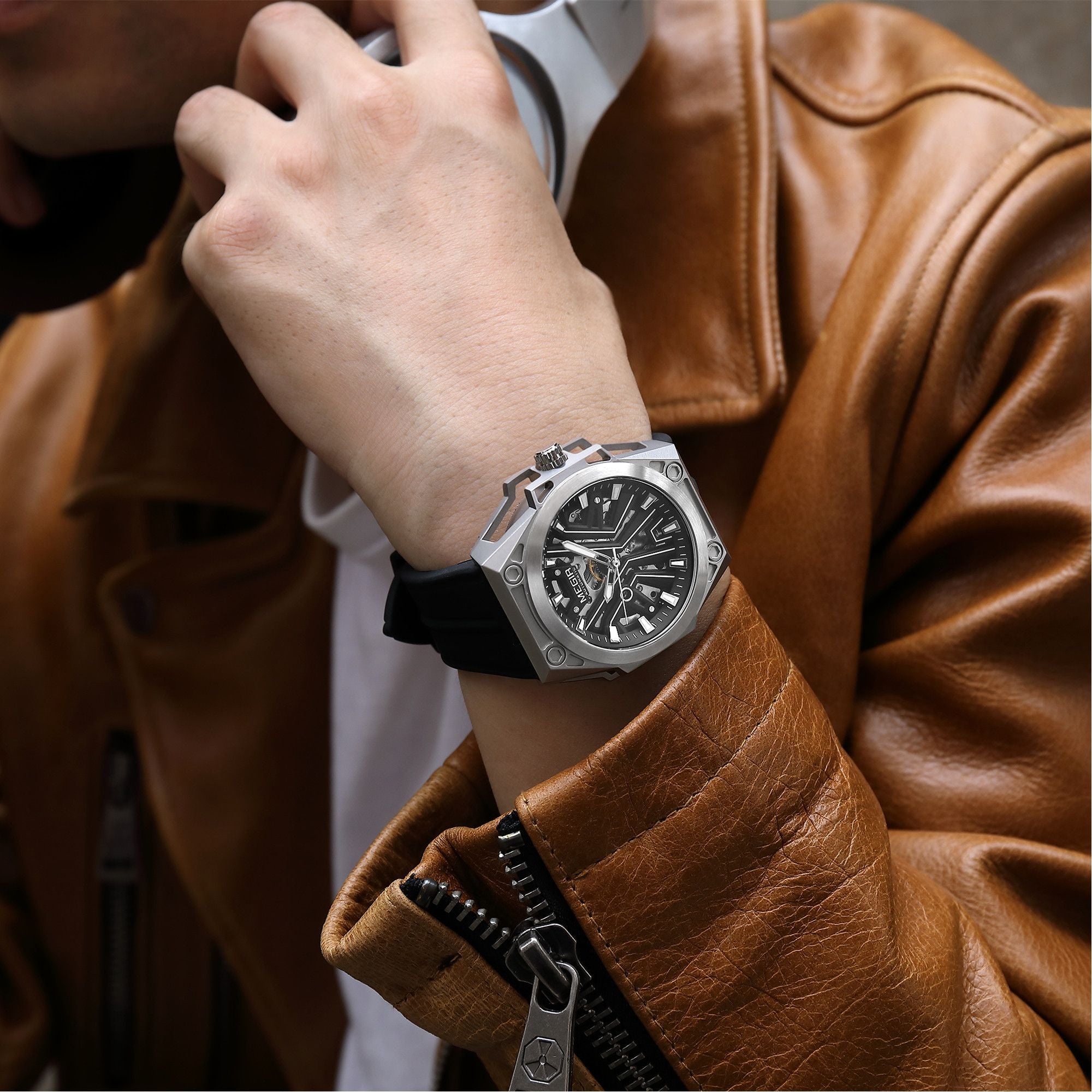 MEGIR Fashion Fully Automatic Mechanical Men's Watch Stainless Steel Case Sports Military Wristwatch Waterproof Watches Clock 8603-4