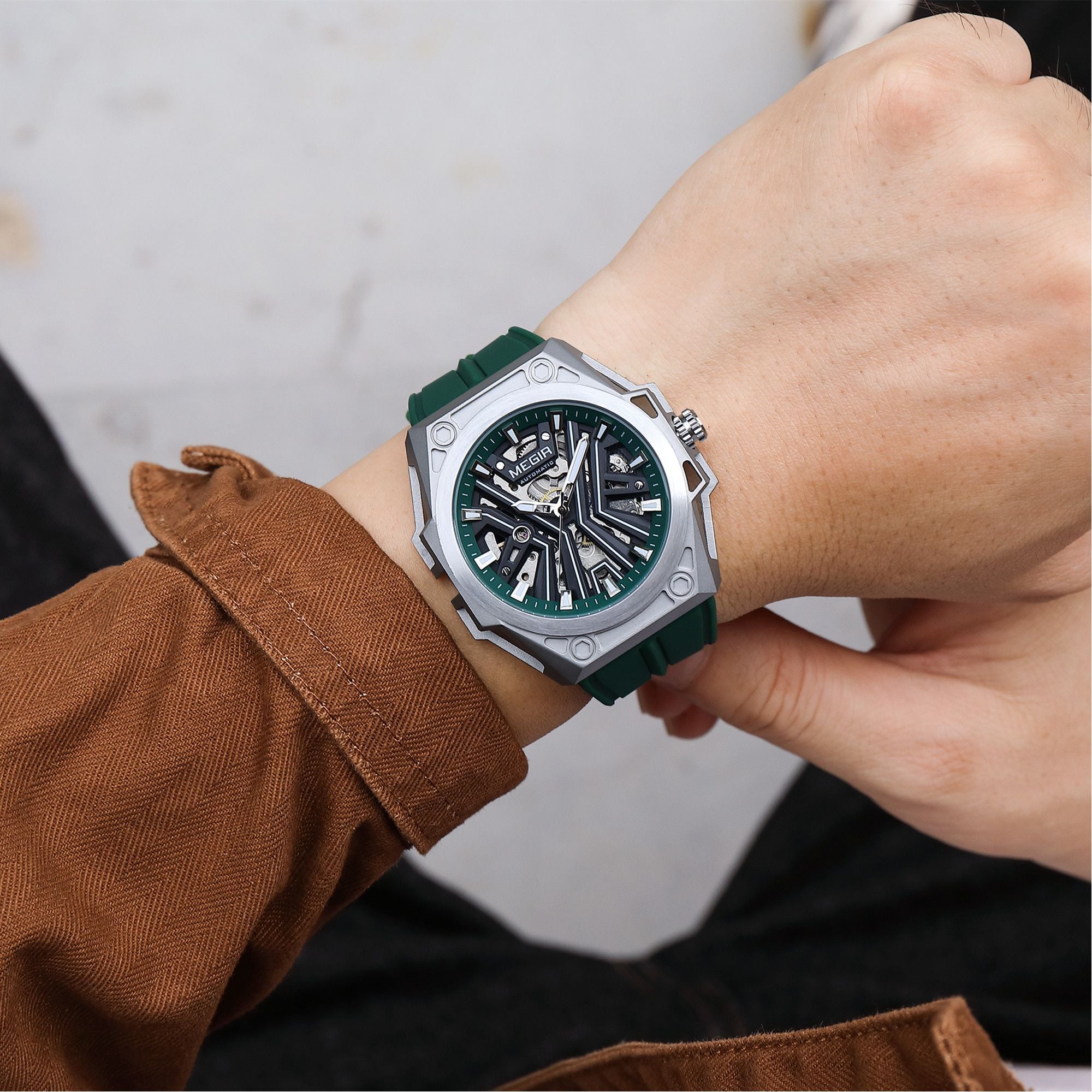 MEGIR Fashion Fully Automatic Mechanical Men's Watch Stainless Steel Case Sports Military Wristwatch Waterproof Watches Clock 8603-5