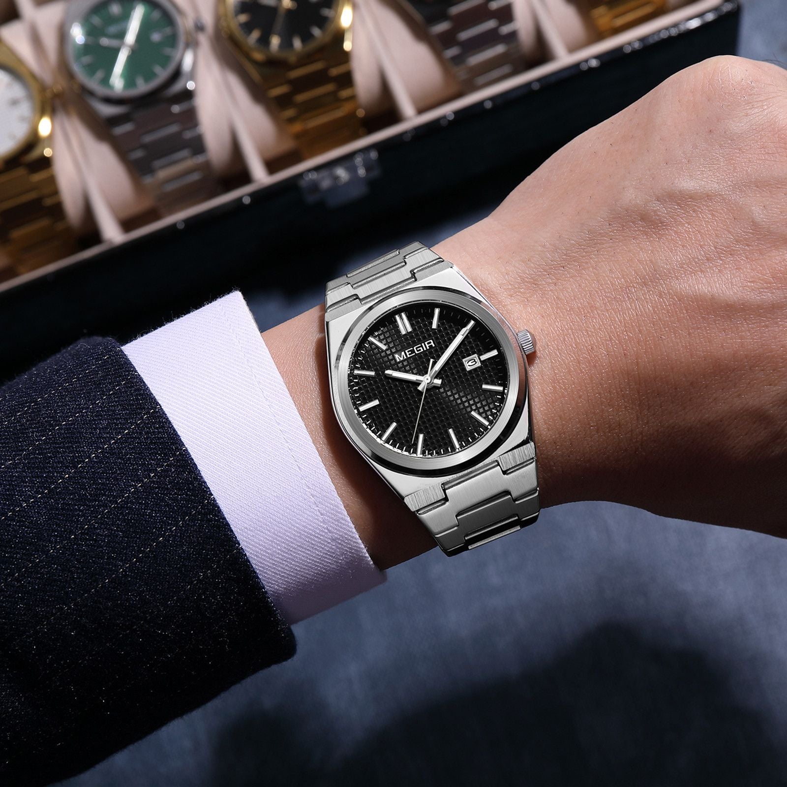 MEGIR Luxury Business Watches for Men Stainless Steel Strap Waterproof Calendar Male Quartz Wristwatch Clock Reloj Hombre 1086-1