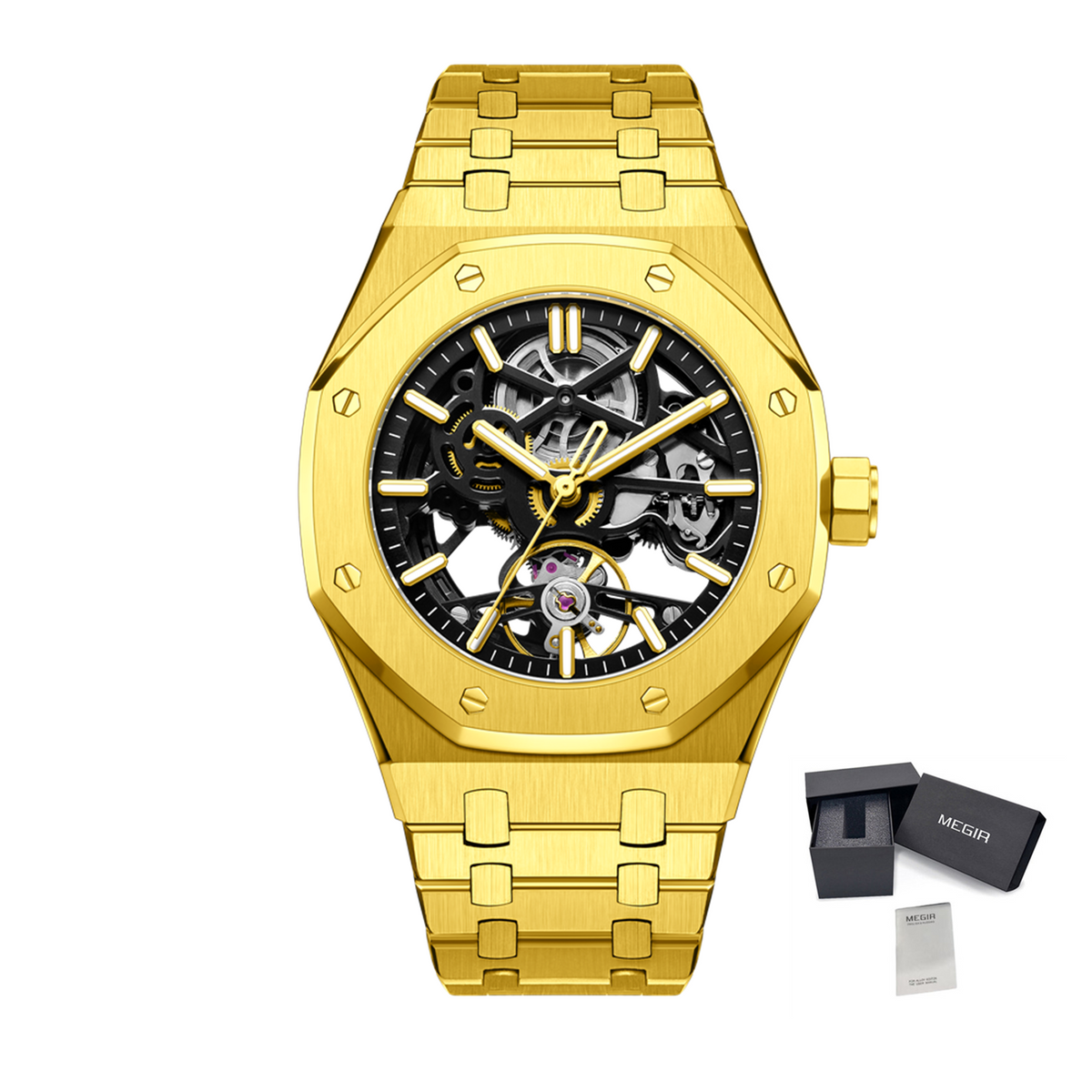 MEGIR Luxury Mechanical Watch for Men Waterproof Automatic Movement Holllow Dial Men's Wrist Watches Stainless Steel 9005-4-15