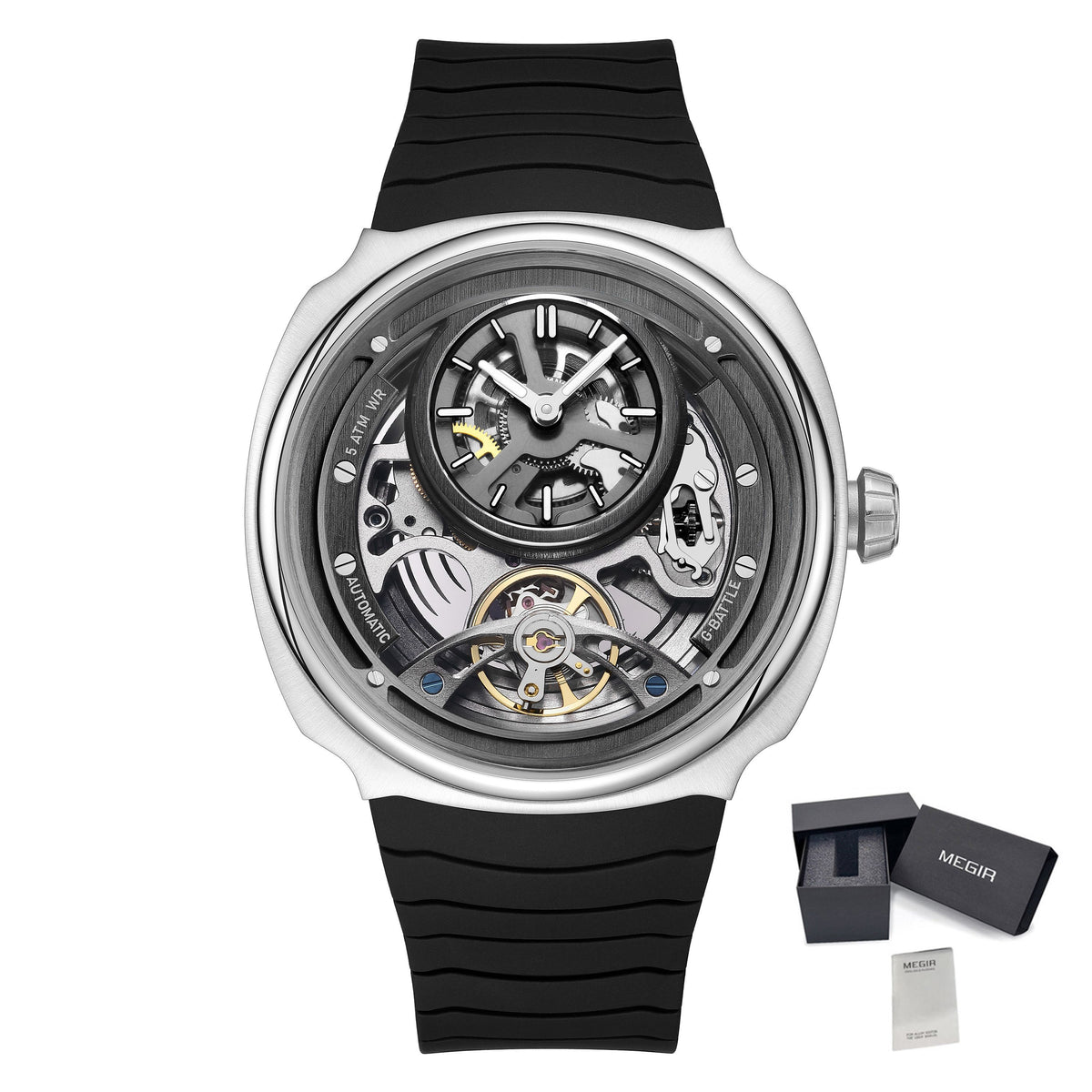 MEGIR Fashion Skeleton Men's Mechanical Watches 3ATM Waterproof Luminous Silicone Automatic Movement Sport Wrist Watch Reloj Hombre 2259-12