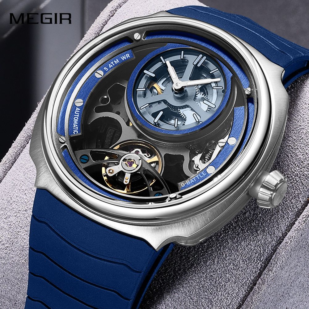 MEGIR Fashion Skeleton Men's Mechanical Watches 3ATM Waterproof Luminous Silicone Automatic Movement Sport Wrist Watch Reloj Hombre 2259-0