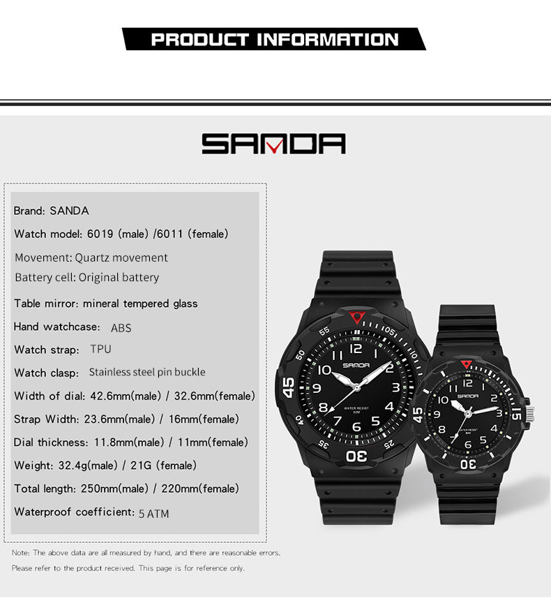 Sanda Watch Fashion All-match Small Fresh Men's and Women's Couple Watch Middle School Students' Simple Waterproof Luminous Quartz Watch