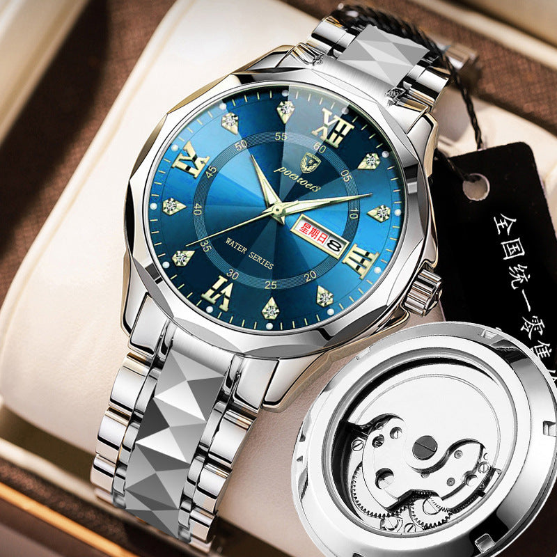 FOURRON brand imitation mechanical hollow-out transparent men's watch butterfly buckle steel belt luminous waterproof calendar Diamond