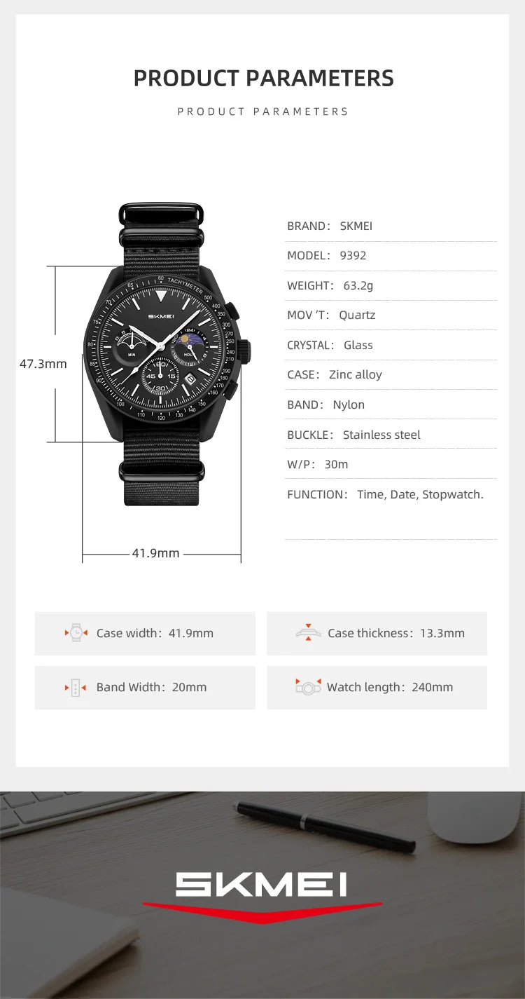 SKMEI 9392 Quartz Chronograph Watches Men Women Date 30M Waterproof Sport Wristwatch Fashion Nylon Strap Watch Gifts Reloj Mujer